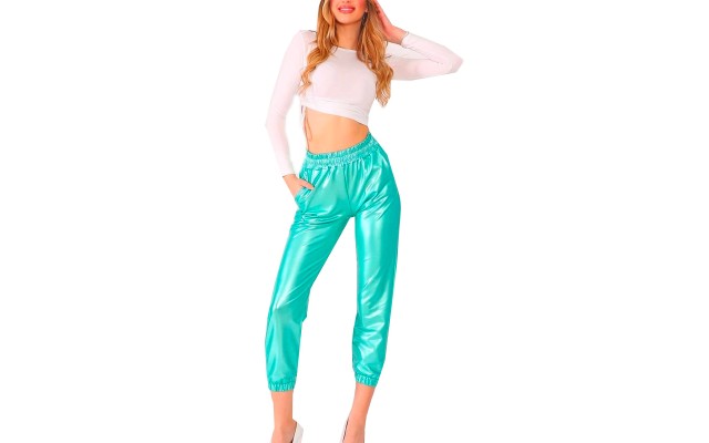  Women’s Faux Leather Elastic Cuff Jogger Pants, Green, Large
