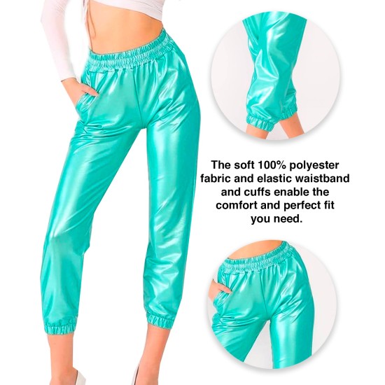  Women’s Faux Leather Elastic Cuff Jogger Pants, Green, Large