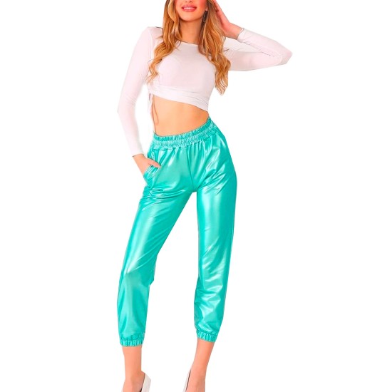  Women’s Faux Leather Elastic Cuff Jogger Pants, Green, Medium
