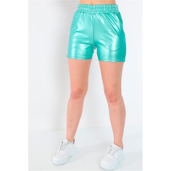  Women’s Faux Leather Shorts, Green, Large