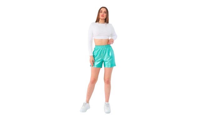  Women’s Faux Leather Shorts, Green, Medium