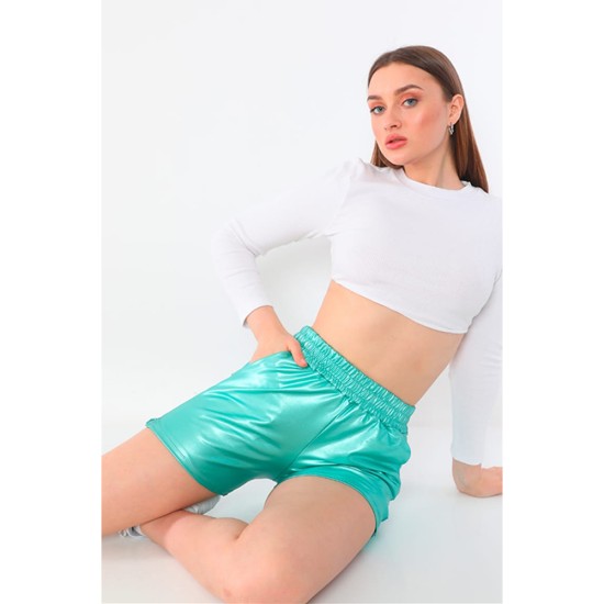  Women’s Faux Leather Shorts, Green, Medium