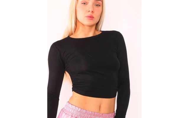 Women’s Open Back Long Sleeve Blouse Top, Black, Medium