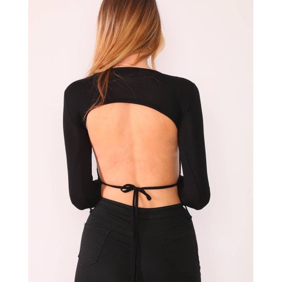  Women’s Open Back Long Sleeve Blouse Top, Black, Small