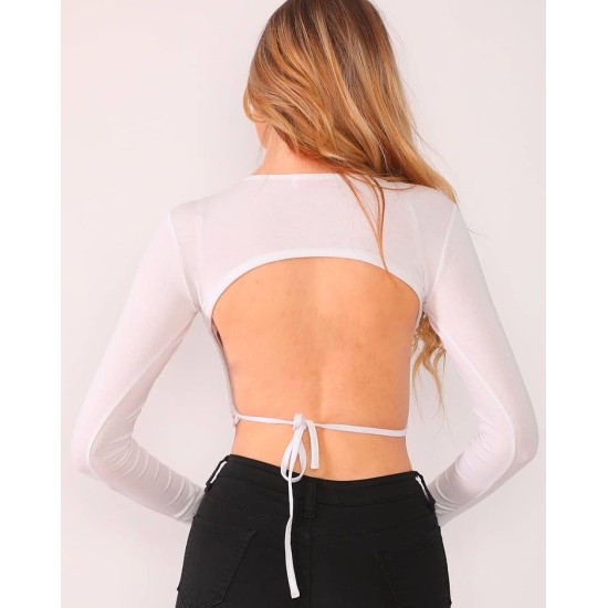  Women’s Open Back Long Sleeve Blouse Top, White, Large