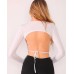  Women’s Open Back Long Sleeve Blouse Top, White, Large