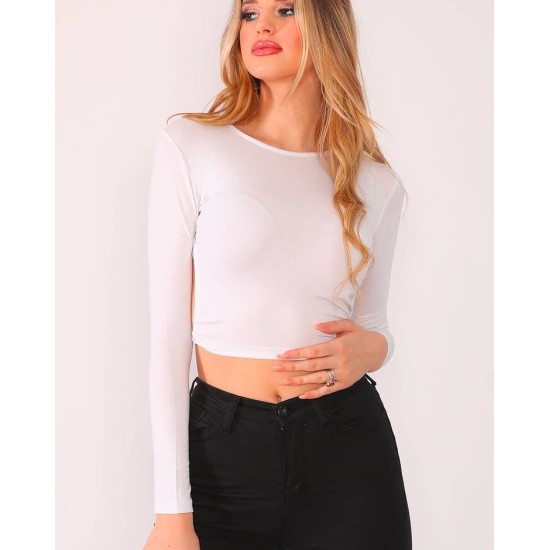  Women’s Open Back Long Sleeve Blouse Top, White, Medium