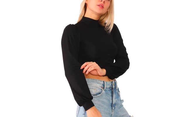  Women’s Puff Sleeve Mock-Turtleneck Crop Top Blouse, Black, Large