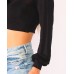  Women’s Puff Sleeve Mock-Turtleneck Crop Top Blouse, Black, Medium