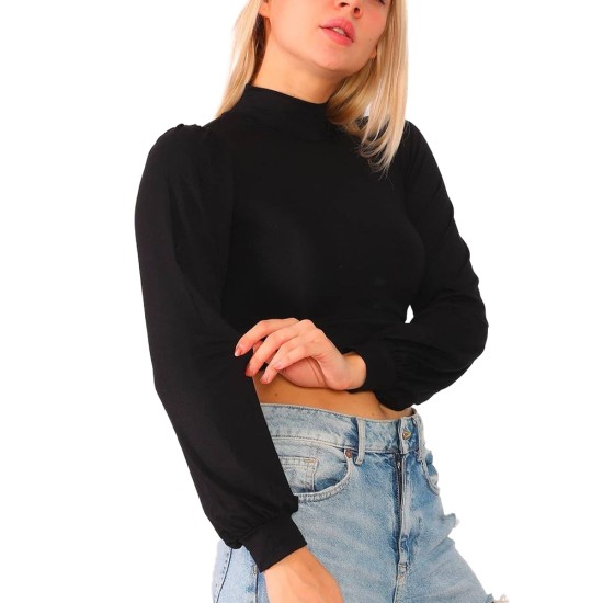  Women’s Puff Sleeve Mock-Turtleneck Crop Top Blouse, Black, Small