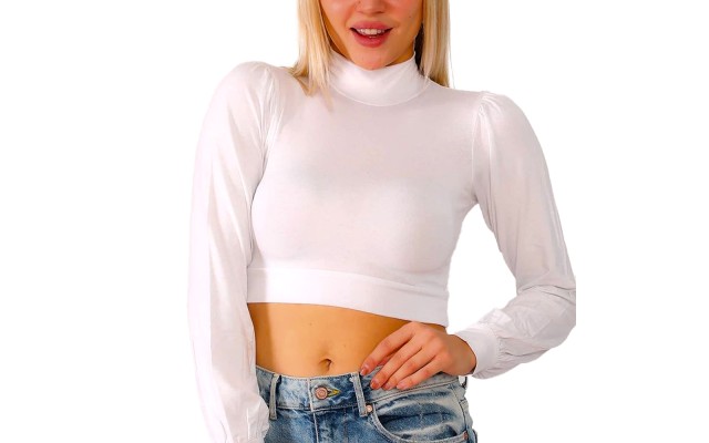  Women’s Puff Sleeve Mock-Turtleneck Crop Top Blouse, White, Large