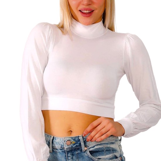  Women’s Puff Sleeve Mock-Turtleneck Crop Top Blouse, White, Medium