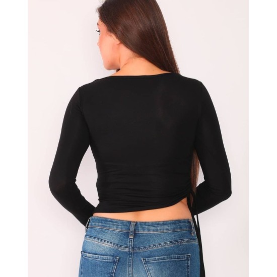  Women’s Shirted Crop Top Long Sleeve Blouse, Black, Large