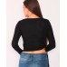  Women’s Shirted Crop Top Long Sleeve Blouse, Black, Medium