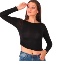 U-Wear Women’s Shirted Crop Top Long Sleeve Blouse, Black, Medium