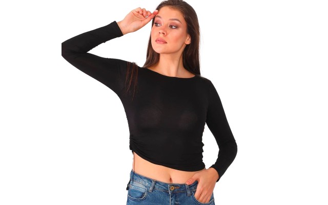  Women’s Shirted Crop Top Long Sleeve Blouse, Black, Medium
