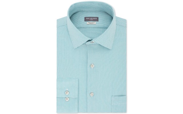  Men's Classic/Regular-Fit Performance Stretch Wrinkle-Free Flex Collar Micro-Houndstooth Dress Shirts, Turquise, 17.5X32-33