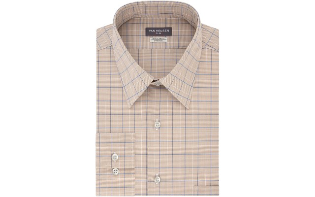  Men’s Flex Classic/Regular-Fit Stretch Wrinkle-Free Check Dress Shirt (Tan Multi,18.5X36-37)