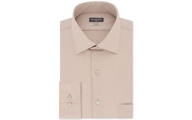  Men's Flex Classic/Regular-Fit Stretch Wrinkle-Free Nailshead Print Dress Shirts, Beige, 18X34-35