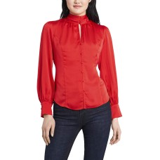 Vince Camuto Long Sleeve Keyhole Mock Neck Blouse (Medium Red)