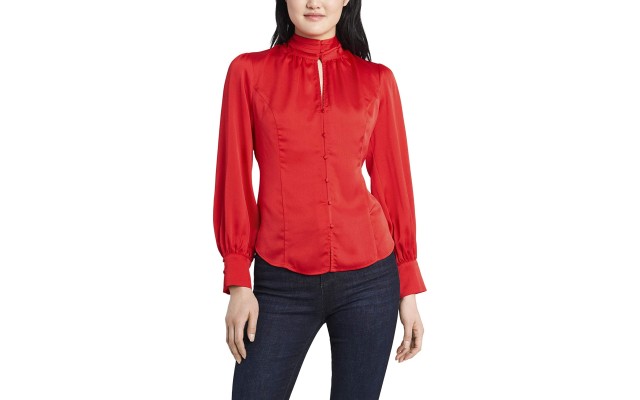  Long Sleeve Keyhole Mock Neck Blouse (Medium Red), Medium Red, Large