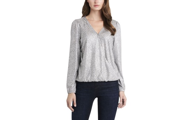  Women's Fold-over Front Foil Ribbed Jersey Top (Gray), Gray, X-Small