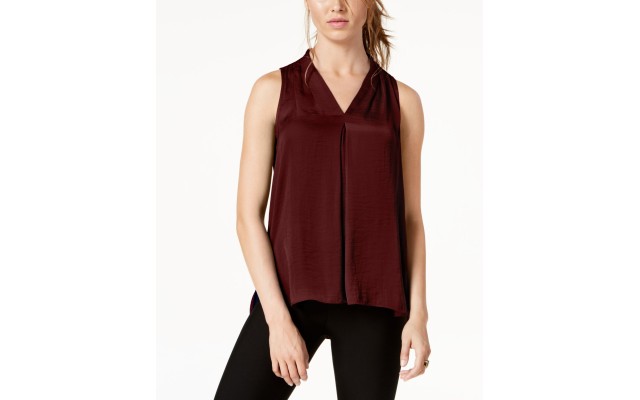  Women’s Sleeveless V Blouse with Inverted Front Pleat (Red, Small)