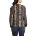  Women’s Snake Printed Lace Yoke Pleated Front Blouse, Gray, Small