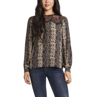 Vince Camuto Women’s Snake Printed Lace Yoke Pleated Front Blouse, Gray, Small