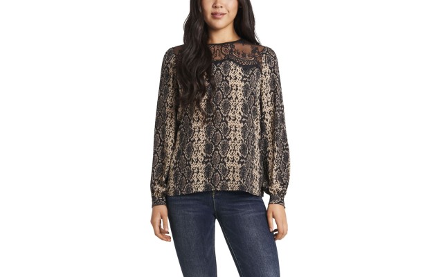  Women’s Snake Printed Lace Yoke Pleated Front Blouse, Gray, Small