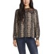  Women’s Snake Printed Lace Yoke Pleated Front Blouse, Gray, Small