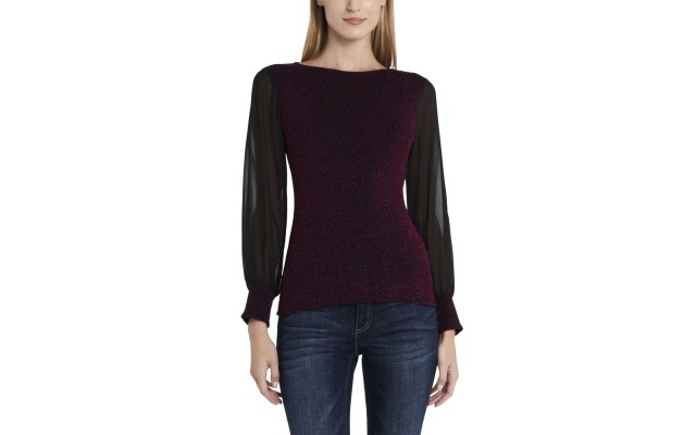  Women’s Sparkle Knit Chiffon Sleeve Top (Pink, X-Small)
