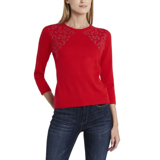  Women's Studded Shoulder Sweater, Red, Small