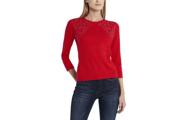  Women's Studded Shoulder Sweater, Red, Small
