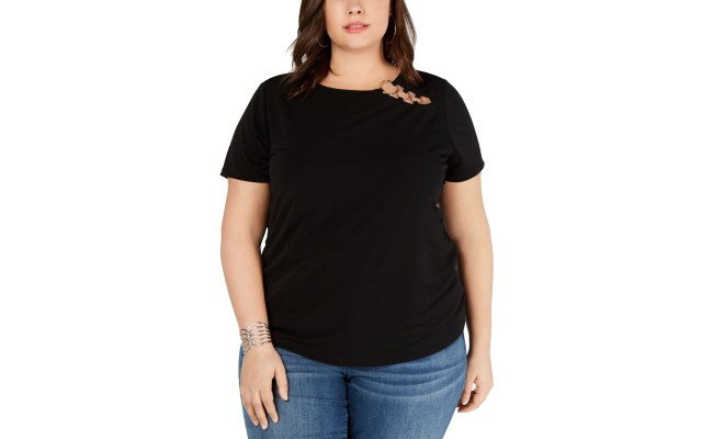 Womens Blouse Solid Plus Crewneck Hardware Jersey 4X – Black