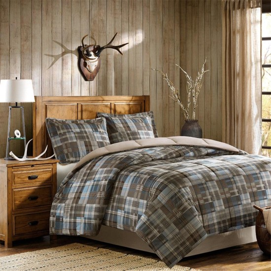  Plaid Bed Comforter Set Ultra Soft Microfiber 3 Pcs. Bedding Sets – Bedroom Comforters (Grey/Blue, Full/Queen)