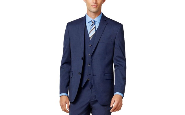  Mens Traveler Woven Notch Lapel Two-Button Suit Jacket, Blue, 38