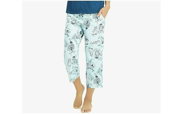  Cotton Capri Pajama Pants, Aqua Floral, Large