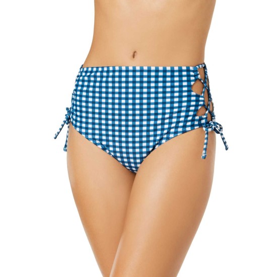  Women's Juniors’ High-Waist Lace-Up Bikini Bottoms Swimsuit, Picnic Gingham Printed, Large