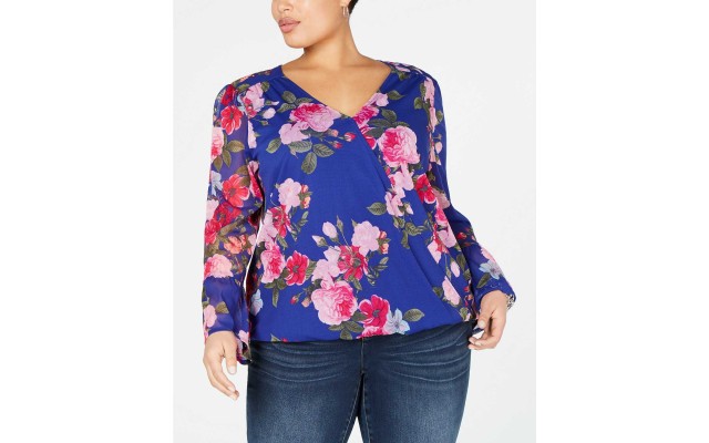  Plus Size Floral Surplice Blouses Tops