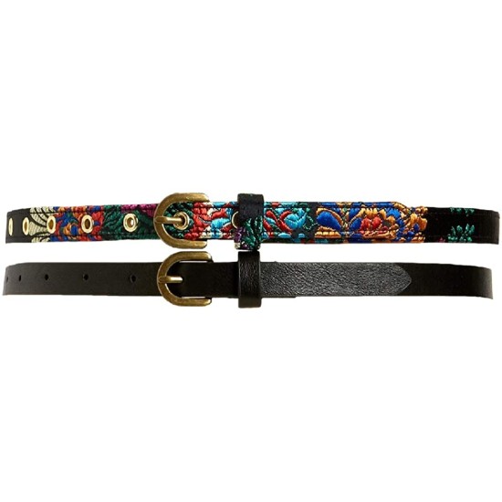  Womens Embroidered & Solid 2-for-1 Belts (Black/Multi, Large)