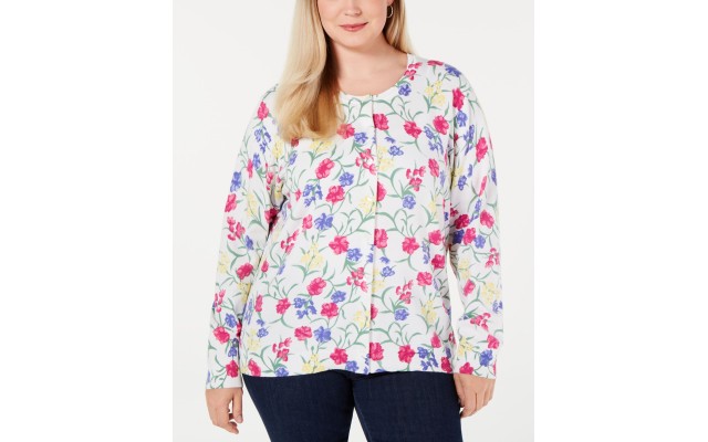  Floral Long Sleeve Crew Neck Cardigan White, White, 0X