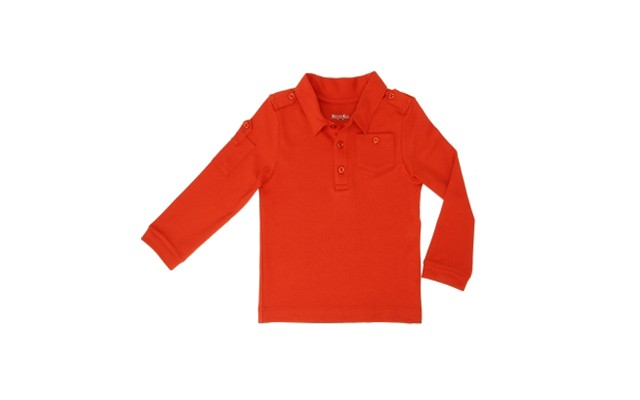  Boys Solid Cargo Polo Peruvian Cotton T-Shirt – Long Sleeve, Polo Neck With 3 Buttons, Auburn, 2