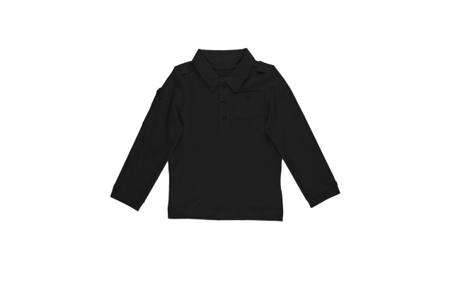  Boys Solid Cargo Polo Peruvian Cotton T-Shirt – Long Sleeve, Polo Neck With 3 Buttons, Black, 2