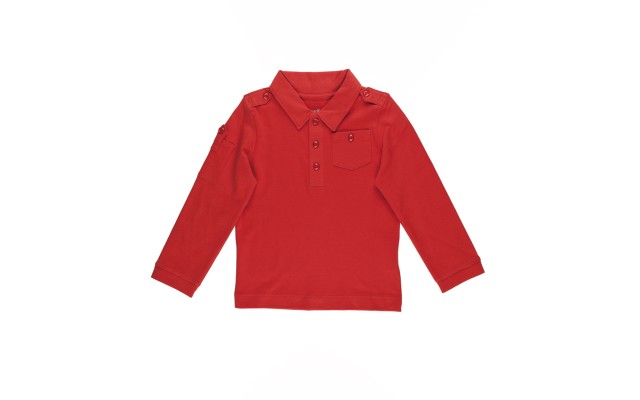  Boys Solid Cargo Polo Peruvian Cotton T-Shirt – Long Sleeve, Polo Neck With 3 Buttons, brick, 2