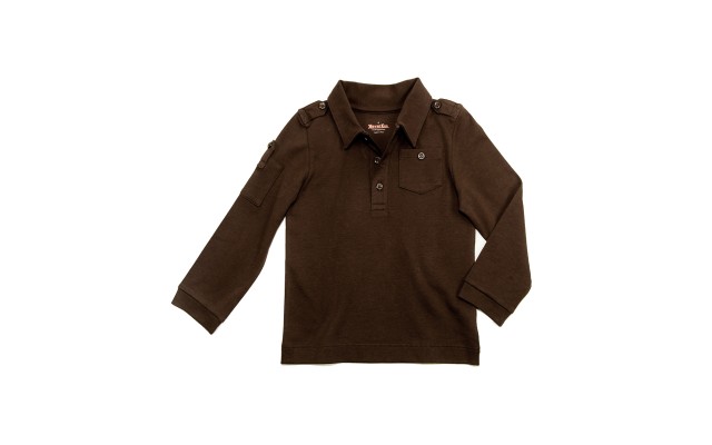  Boys Solid Cargo Polo Peruvian Cotton T-Shirt – Long Sleeve, Polo Neck With 3 Buttons, Chocolate, 2