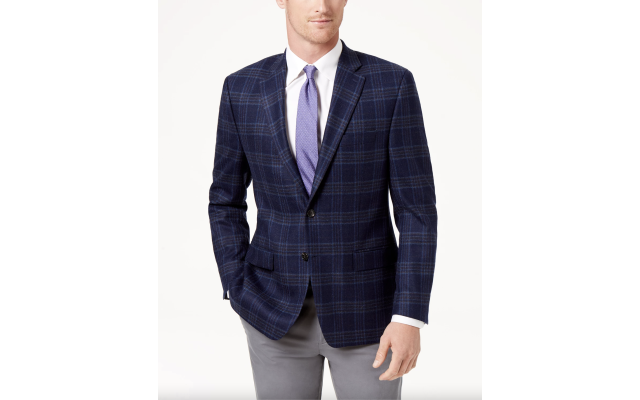  Men’s Classic-Fit Ultraflex Stretch Navy/Brown Plaid Wool Sport Coat (46R)