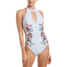 Lucky Brand Junior’s Zen Garden Plunge Hi-Neck Sexy One Piece Swimsuit (Mist, Medium)