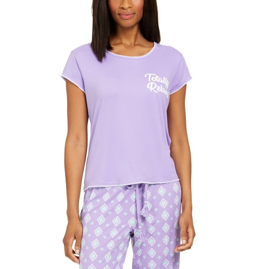  Women's Contrast Stitch Short Sleeves Pajama Top, Purple, Small