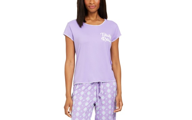  Women's Contrast Stitch Short Sleeves Pajama Top, Purple, Small